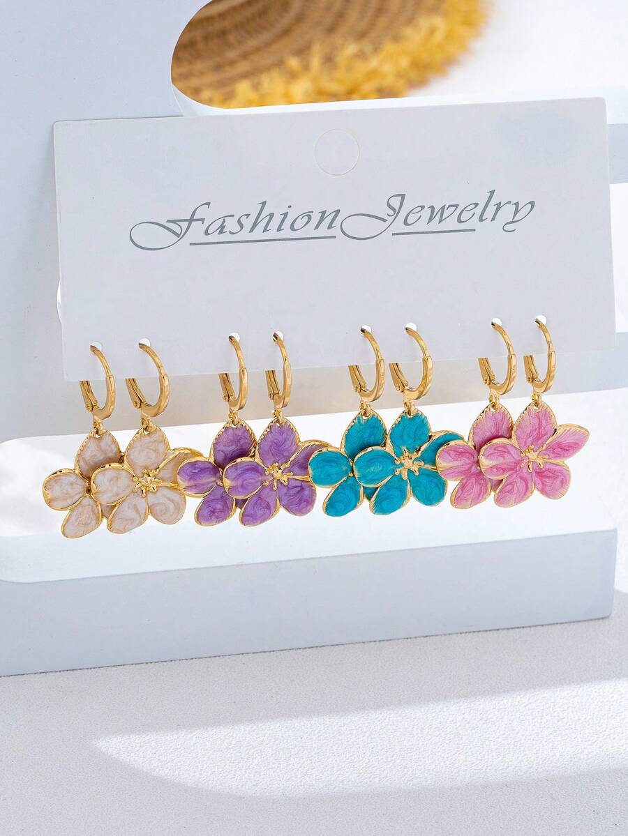 4 Pairs/Set Dopamine Colorful Enamel Plumeria Earrings Set, Suitable For Women's Daily, Party, Vacation Wear - Multicolor - View 1