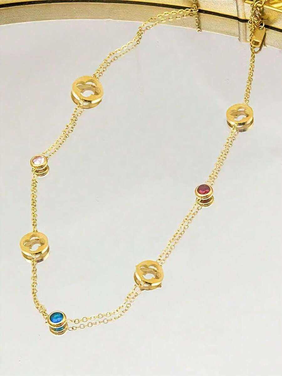 1pc Titanium Steel Turquoise Necklace For Women, Delicate Fine Chain Gold Color Jewelry Gift, Minimalist Niche Design Clavicle Chain - Colored Diamond Flower Necklace - View 1