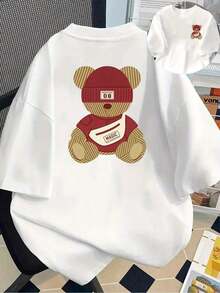 Camisetas de manga corta de talla grande para mujer, ideales para el verano, tops básicos para el día a día, camiseta estampada de manga corta con diseños en la parte delantera y trasera - Oso Mágico, estilo de dibujos animados - Camiseta estampada de primavera/verano para mujer, artículo de moda, versátil y casual, transpirable y cómoda. - Blanco - Ver 12