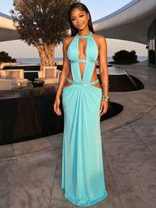 Women'S Solid Color Sexy Deep V-Neck Hollow-Out Patchwork Dress, A Summer Fashion Item, Suitable For The Beach, Banquets, Parties, And Dates. - 藍色 - 查看 5