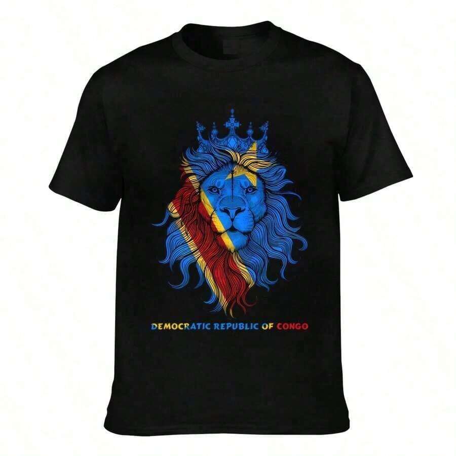 Casual T-Shirt With A Lion King-Themed Democratic Republic Of Flag Print. A Stylish, Short-Sleeved Shirt That Proudly Displays National Pride. A Great Gift Idea. Women's T-Shirt. Elegant. Bohemian Style. Soft, Breathable, And Comfortable, Perfect For Spring, Summer, And Fall; Ideal For Vacations, Travel, And Everyday Wear. Perfect For Watching A Game. - 黑色 - 查看 1