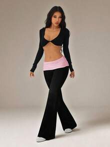 Pantalones acampanados con cintura plegable de color contrastante para mujer - Negro 3 - Ver 5