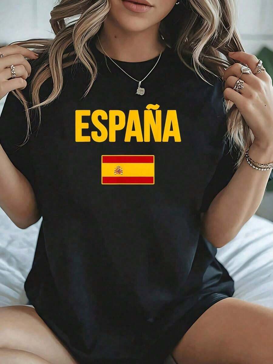 LooseEspaña bandera gráfica mujer patrón impresión puro algodón TShirt español orgullo estilo casual tee, transpirable y suave, perfecto para viajar, hace un regalo reflexivo para ella.Basic Crew Neck Cotton T-shirt for Women - Negro - Ver 1