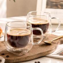 Bộ 2 cốc cà phê thủy tinh cách nhiệt hai lớp 250ml/8.4oz có tay cầm, cốc espresso thủy tinh trong suốt dùng cho latte, cappuccino, trà túi lọc, đồ uống nóng và lạnh (200/250ml) - Nhiều màu - Xem 1