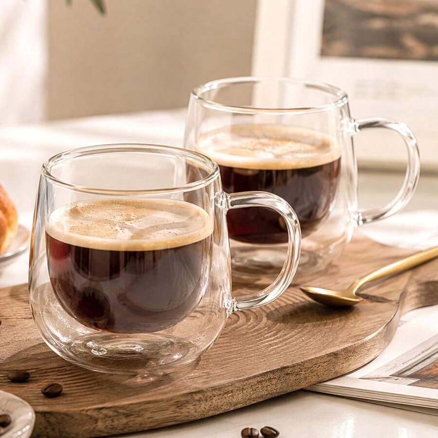 Bộ 2 cốc cà phê thủy tinh cách nhiệt hai lớp 250ml/8.4oz có tay cầm, cốc espresso thủy tinh trong suốt dùng cho latte, cappuccino, trà túi lọc, đồ uống nóng và lạnh (200/250ml) - Nhiều màu - Xem 1