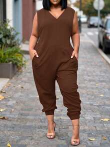 Mono de verano sin mangas con cuello en V de unicolor para mujer talla grande - Café integral - Ver 1
