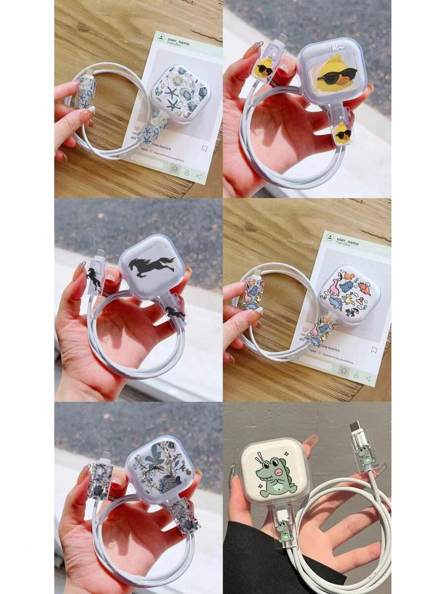 3件組數據線充電器保護套，英規藍色花卉貼花圖案，相容於Apple 20W快速充電適配器，防止線材斷裂的充電器保護套，充電器配件，手機配件 - 彩色 - 查看 1