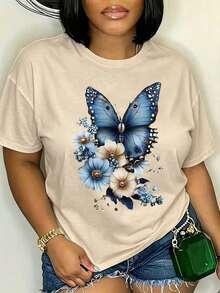 Free Shipping, Local Delivery In Mexico, Delivery In 4 Days. Women's T-Shirt With Blue Butterfly - Elegant Style, Size, White. - 杏 - 查看 2