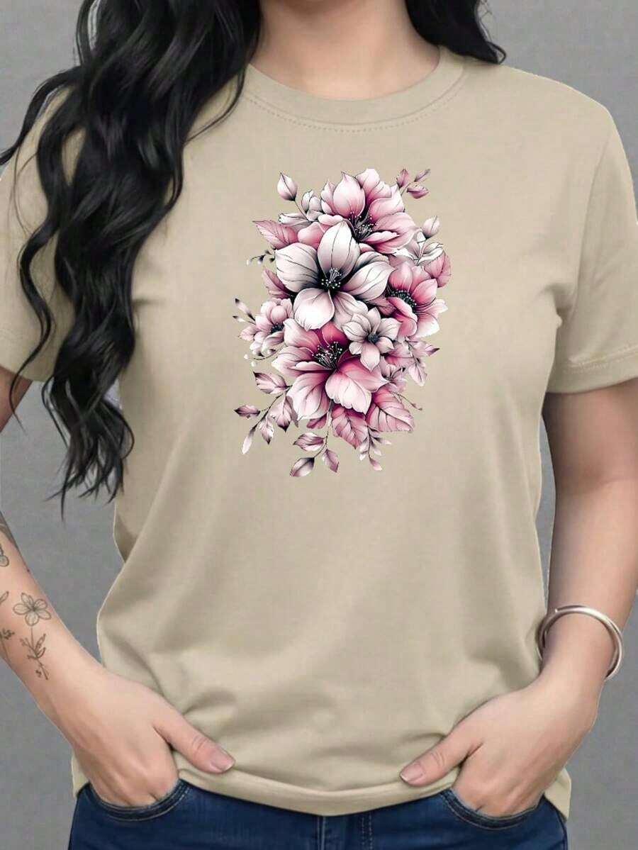 Free Shipping, Local Delivery In Mexico, Delivery In 4 Days. Women's Graphic T-Shirt, Short Sleeve, Crew Neck, Basic, Comfortable, Cool, Lightweight, Modern, Youthful, Feminine, Floral Print, Lily, Leaves, 3D. - 貝斯 - 查看 1