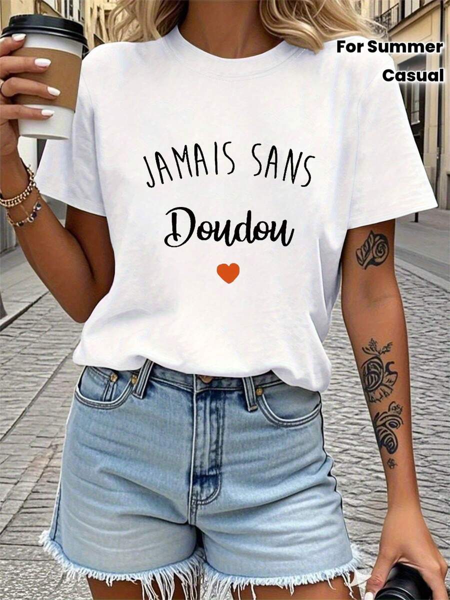 1 pieza Camiseta de manga corta de primavera/verano para mujer con cuello redondo y estampado de texto "French JAMAIS SANS Doudou Never Leave My Baby", 180g, 100% algodón. - Blanco - Ver 1