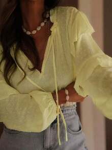 Blusa holgada con cuello en V y lazo, elegante y de moda, versátil para el trabajo y salidas casuales, primavera/verano - Amarillo - Ver 6