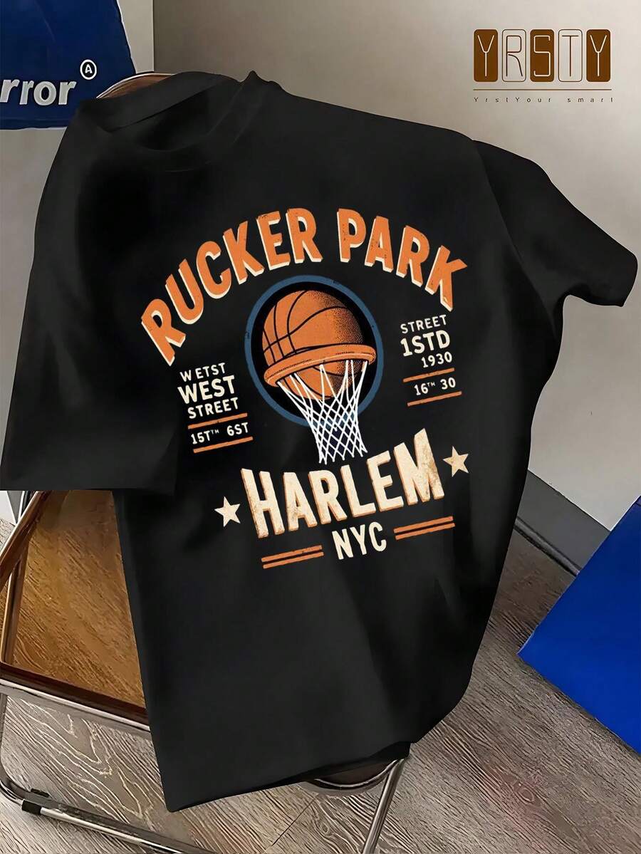 Camiseta de Cuello Redondo para Hombre RUCKER PARK Harlem New York con Gráfico de Baloncesto, Tejido Grueso, Suave y Cómoda, Estilo Y2K, Ropa Casual para el Hogar, Regalo para Fanáticos del Baloncesto y Amantes del Estilo Y2K, Corte Holgado. Una camiseta de manga corta adecuada para el hogar, uso diario, fiestas y viajes, perfecta como regalo para amigos o familiares. - Negro - Ver 1