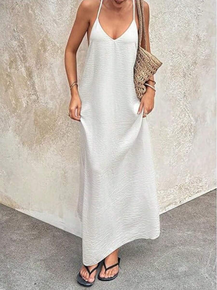 Elegante vestido largo de tirantes finos con lentejuelas y espalda descubierta para mujer, ideal para fiestas, bodas, playa y vacaciones. Color blanco, perfecto para el verano. - Blanco - Ver 1