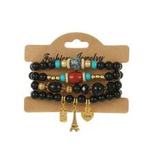 1 set de bracelets colorés de style bohème avec perles, pendentifs vintage de hibou, tour Eiffel, cœur, bracelets multicouches pour femmes - B594 - Voir 9