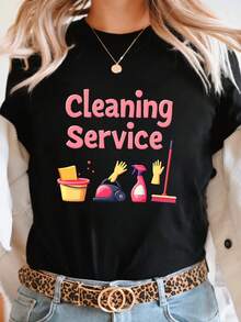 Camiseta Estampada de Servicio de Limpieza, Top Casual de Manga Corta y Cuello Redondo, Ropa de Mujer para Primavera/Verano DQUN - Negro - Ver 1