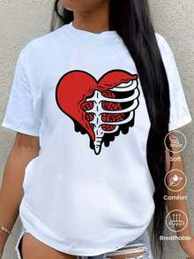 Camiseta de cuello redondo y mangas cortas de ropa fashion, fabricada en México, para la temporada primavera-verano 2025. Con estampado de dibujos animados, es un modelo de pareja, apta para usar tanto por dentro como por fuera, ideal para oficina y estilo casual, diseñada para hombres y mujeres, en unidad individual. - Blanco - Ver 1