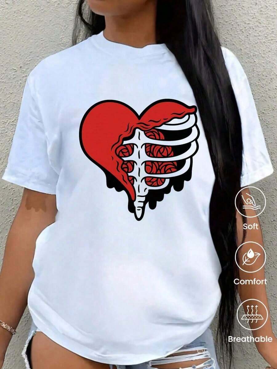 Camiseta de cuello redondo y mangas cortas de ropa fashion, fabricada en México, para la temporada primavera-verano 2025. Con estampado de dibujos animados, es un modelo de pareja, apta para usar tanto por dentro como por fuera, ideal para oficina y estilo casual, diseñada para hombres y mujeres, en unidad individual. - Blanco - Ver 1