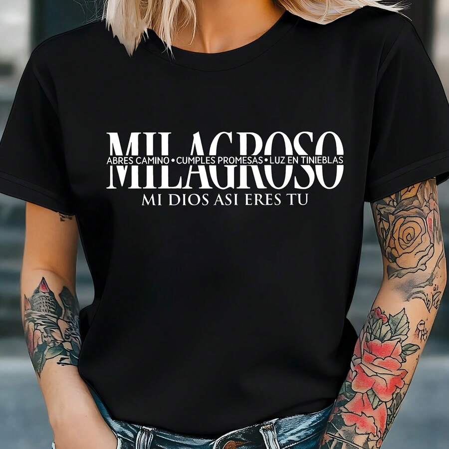 Camiseta Gráfica Milagros para Mujer - Cuello Redondo Manga Corta Casual con Letras Elegantes, Ideal para Salidas de Primavera y Verano, Reuniones con Amigos y Celebraciones Religiosas, Regalo Festivo - negro - Ver 1