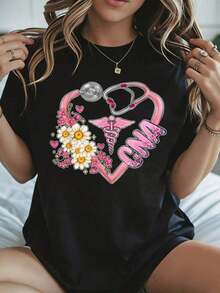 Elegante y casual para mujer, manga corta, camiseta Cma, diseño de estetoscopio, ceduco, flor y corazón para el Día de San Valentín, ropa casual blanca para primavera y verano. - Negro - Ver 1
