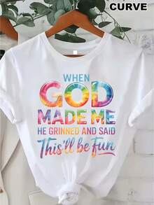 Ropa de talla grande para mujer, camiseta de talla grande para mujer, top casual de manga corta con cuello redondo, tela de elasticidad media, lavable a máquina, ajuste cómodo adecuado para todas las estaciones, camiseta para mujer, camiseta con estampado plano 2D único, ajuste cómodo. - Blanco - Ver 8