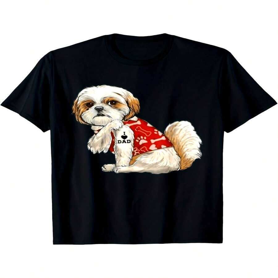 Decoración exclusiva para el Día de la Independencia/Día del Padre: Camiseta con tatuaje "I Love Dad" de Shih, regalo divertido para papá en el Día del Padre, unisex, camiseta estampada de manga corta para verano de 2025, algodón puro, 220 g. - Negro - Ver 1