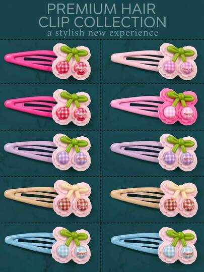 Set de 12 pinzas para el cabello con diseño de cerezas dulces para niñas, con decoración de cuadros y lazos, accesorios para el cabello, accesorios para el cabello de uso diario