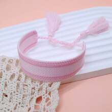 1pc Handmade Vintage Minimalist Boho Style Woven Bracelet, Suitable As Gift For Family, Friends, Students, Festivals, Parties, Traveling - Baby Pink - View 2