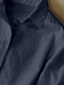 Nuevo conjunto informal de 2 piezas de manga larga y pantalones cortos de lino minimalista y de moda, talla grande - Azul marino - Ver 3