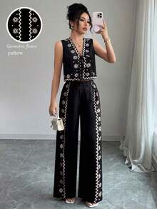 Set de 2 piezas de top de tirantes y pantalones con estampado floral, conjunto de vestir elegante de verano - Negro - Ver 1