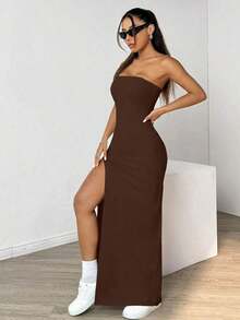 Vestido de ajustado para mujeres con muslo dividido y sin tirantes de unicolor - Marrón - Ver 6