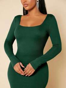 Vestido ajustado unicolor de cuello scoop - Verde Oscuro - Ver 5