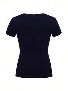 de manga corta y ajuste slim para mujer, de unicolor con media tapeta abotonada para el verano - Azul marino - Ver 2