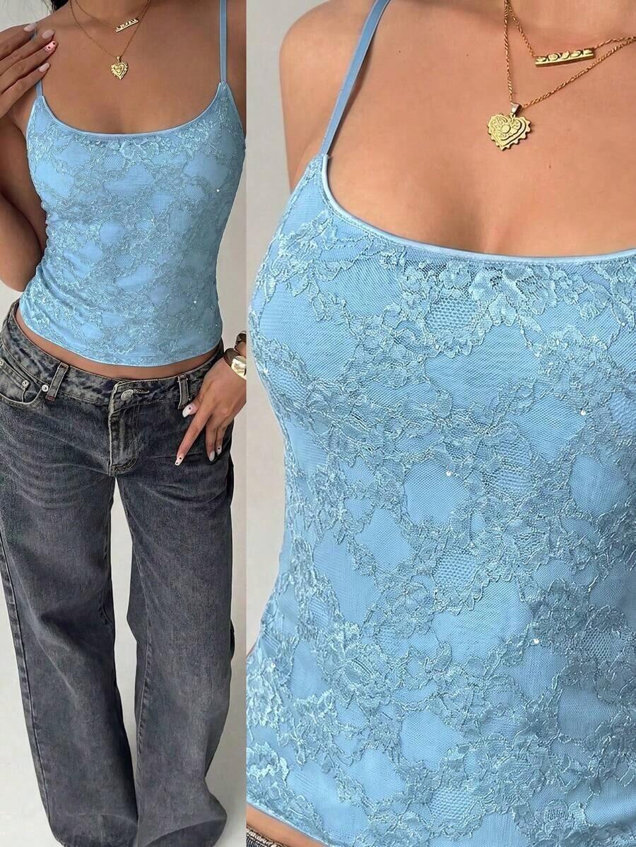 Camiseta de mujer nueva con encaje y aplicación de lentejuelas, ropa de calle sexy - Celeste - Ver 1
