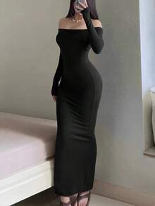 Vestido ajustado de hombros descubiertos elegante de un solo color para mujer - Negro - Ver 1