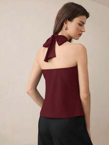 Top con cuello de halter, diseño de botón de metal verde, abertura lateral, elegante y chic para uso urbano y diario, estilo romántico retro de los 90.Adecuado para Navidad, Año Nuevo, San Valentín, fiestas, playa, graduación, moda, carnaval, bod - Burdeos - Ver 2