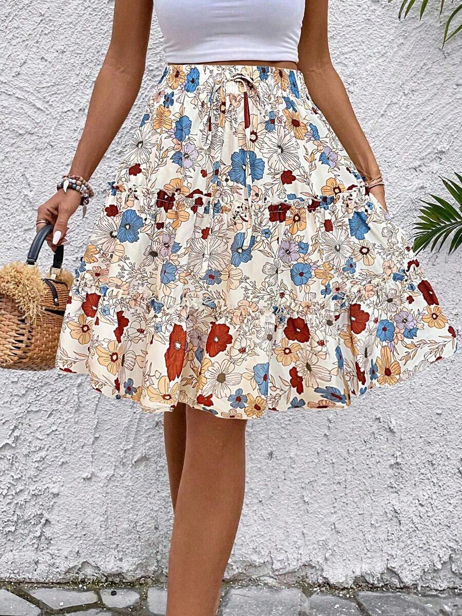 Falda de línea A con volantes y forro, diseño floral de rosas rosas y florecitas, elegante y nueva para la primavera/verano 2026 de Jfghh para mujer, adecuada para mujeres de 20 a 35+ años para ocasiones casuales, vacaciones, playa, citas, o para ir al trabajo (estampado aleatorio). - Multicolor - Ver 1