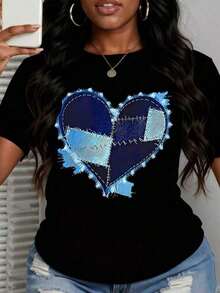Camisetas Casuales para Mujer, Camiseta Negra para Mujer con Diseño de Corazón en Patchwork Azul para Uso Casual, Camiseta para Mujer, Estilo Y2K, Camisetas de Moda de Verano, Conjuntos y Tops Casuales de Streetwear - Negro - Ver 6