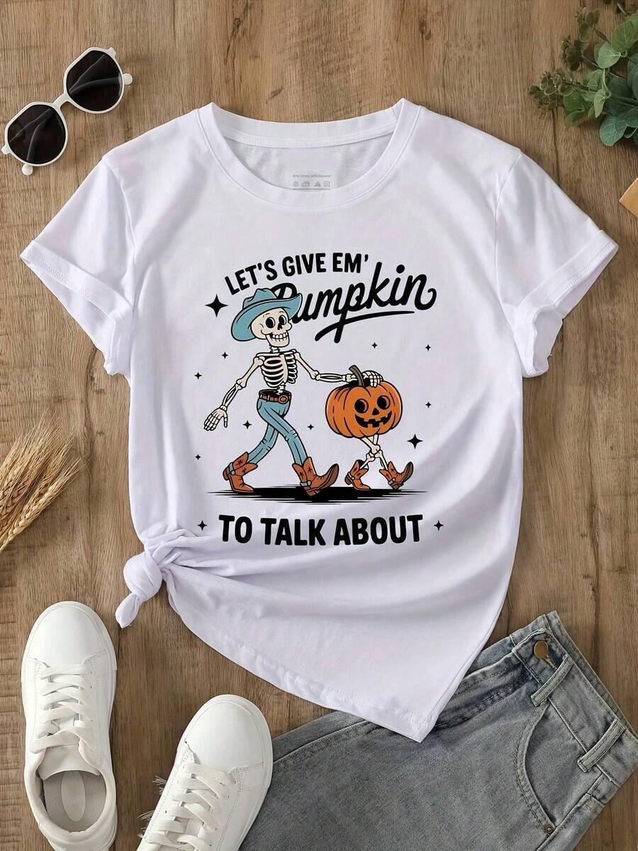 Women's T-Shirt With Fun Pumpkin And Skeleton Print 'Let's Give Em' - Casual Summer T-Shirts For Women, 100% Cotton, Soft, Breathable, Loose Fit, Summer Clothes For Women, Urban Wear, Outfit For Parties And Festivals, Suitable For Spring, Summer And Autumn. - 白色 - 查看 1