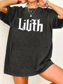 100% Pure Cotton T-Shirt, Vintage Style With 'Lilith' Letter Print, Lightweight, Breathable, Round Neck, Machine Washable, The Perfect Choice For Women's Spring-Summer 2026 Fashion. A Gift For Family, Siblings, Friends, Parents Or Teachers. - 黑色 - 查看 6