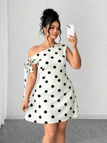 Vestido corto asimétrico de hombro de unicolor para mujer de talla grande - Blanco y Negro - Ver 6