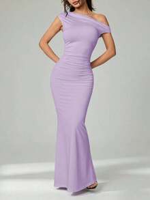Ropa de verano, atuendos para citas diarias y viajes, atuendos de fiesta, ropa interior elegante para mujeres, atuendos para salir, vestido asimétrico con hombros caídos y cola de pez extra larga, atuendos de club para mujeres, atuendos para - Púrpura malva - Ver 3