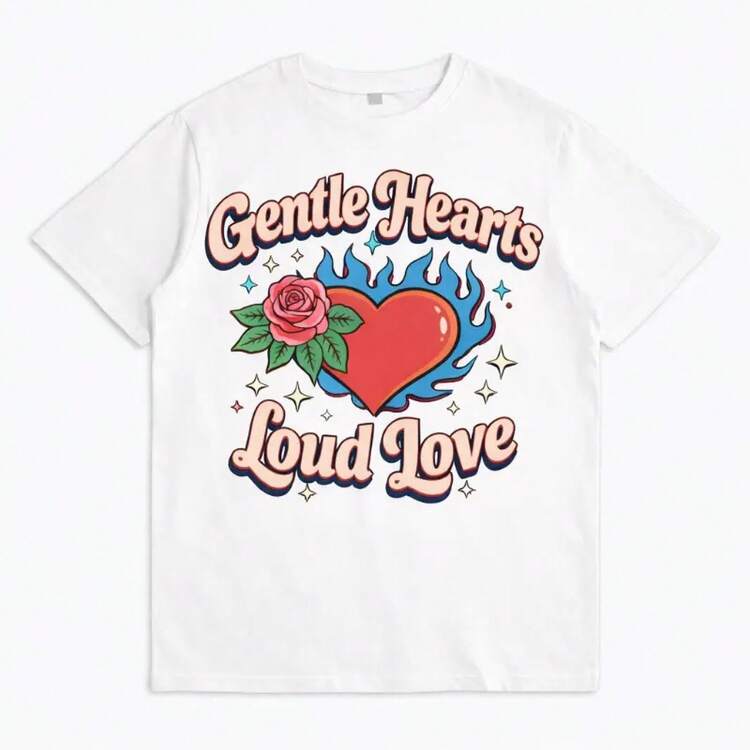 Women's Graphic T-Shirt With Heart, Pink And Flame Print, Short Sleeve, Cotton, Casual Urban Style, Top With Modern Phrases For Everyday Wear - White - View 1