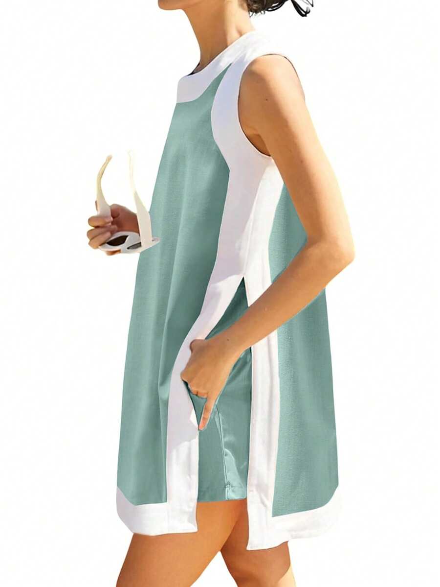 Women's Two Piece Suit Short Sleeve Knit Top With Pocket Shorts Summer Casual Suit - 灰綠色 - 查看 1