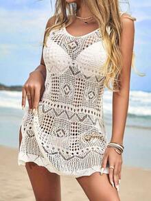 Vestido de punto con abertura lateral sexy de unicolor, vestido de playa para vacaciones, cita de primavera/verano, cubre bikini de ganchillo hueco (bikini no incluido) negro - Blanco - Ver 6