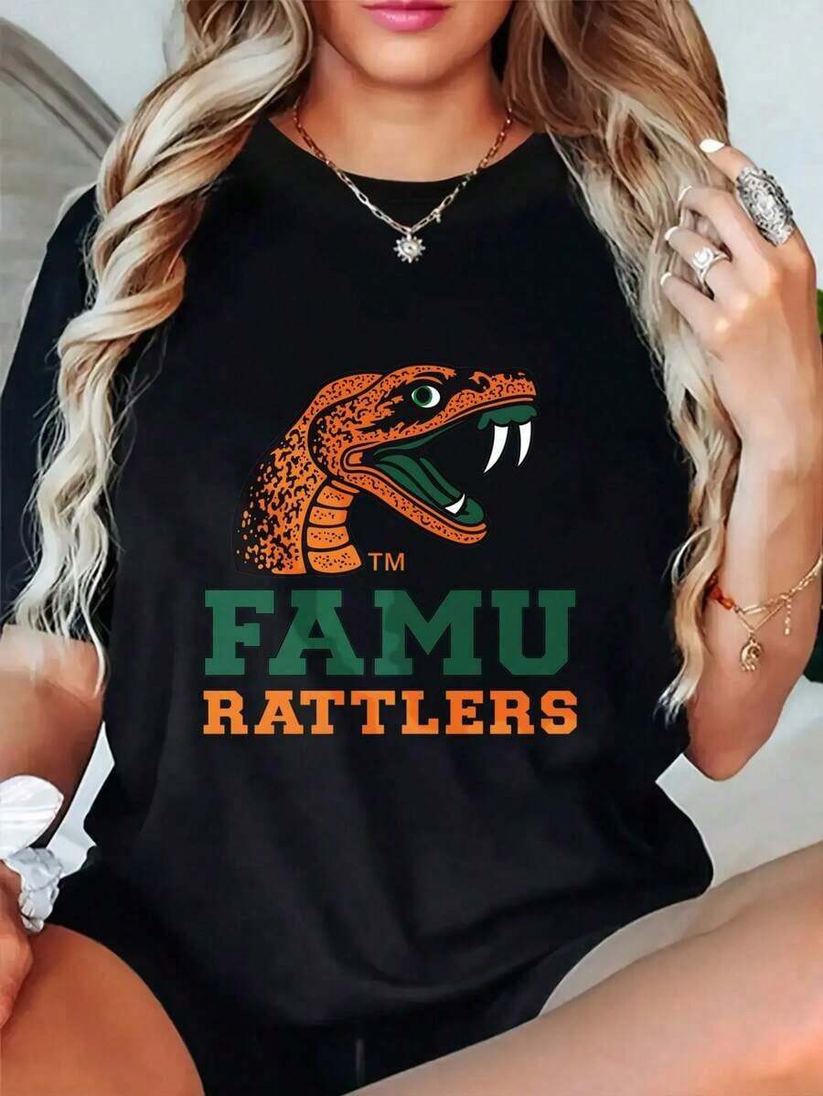 Crew Neck Graphic Cotton T-Shirts For Women, Famu Rattlers Snake Logo Design Oversized Casual Short-Sleeved T-Shirts, Unisex Tees, Spring And Summer Fashion Women'S Top T-ShirtsCamiseta Algodón - Negro - Ver 1