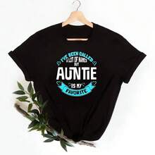 La camiseta de algodón "Auntie is My Favorite" con un divertido estampado de tía es ideal para el uso diario casual, perfecta para todas las estaciones, un regalo para abuelas y tías. - Negro - Ver 1