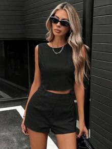 Conjunto de 2 piezas de blusa sin mangas con detalle de lazo y pantalón corto de 100% algodón para mujer, conjunto casual de verano, conjunto de lino - Negro - Ver 10
