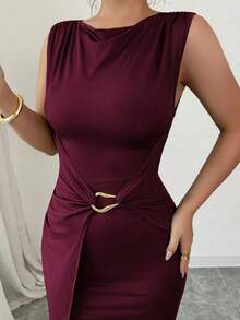 Vestido largo elegante y minimalista para mujer, silueta favorecedora, para verano - Burdeos - Ver 4