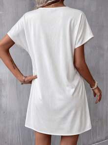 Vestido casual de mujer con estampado floral, cuello en V y manga corta para vacaciones - Blanco - Ver 2