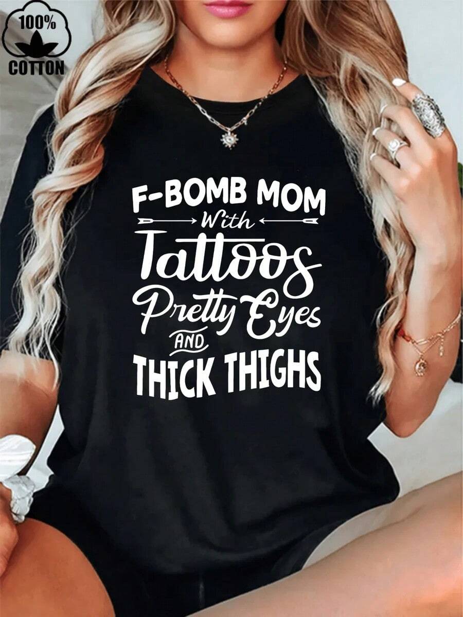 Women's 200g 100% Cotton T-Shirt, Christmas Style, With F-BOMB Brand Print, Depicting A Beautiful Mother With Beautiful Eyes And Thick Thighs. - 黑色 - 查看 1